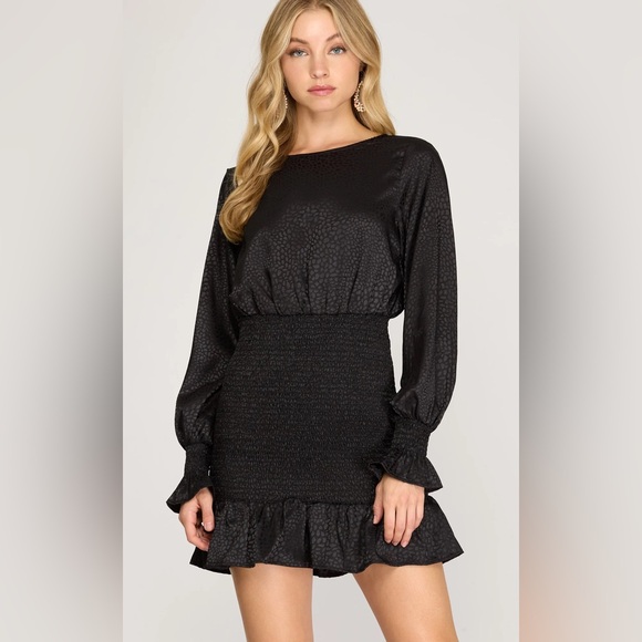 She + Sky Dresses & Skirts - Leopard Print Jacquard Smocked Mini Dress w Bishop Sleeves